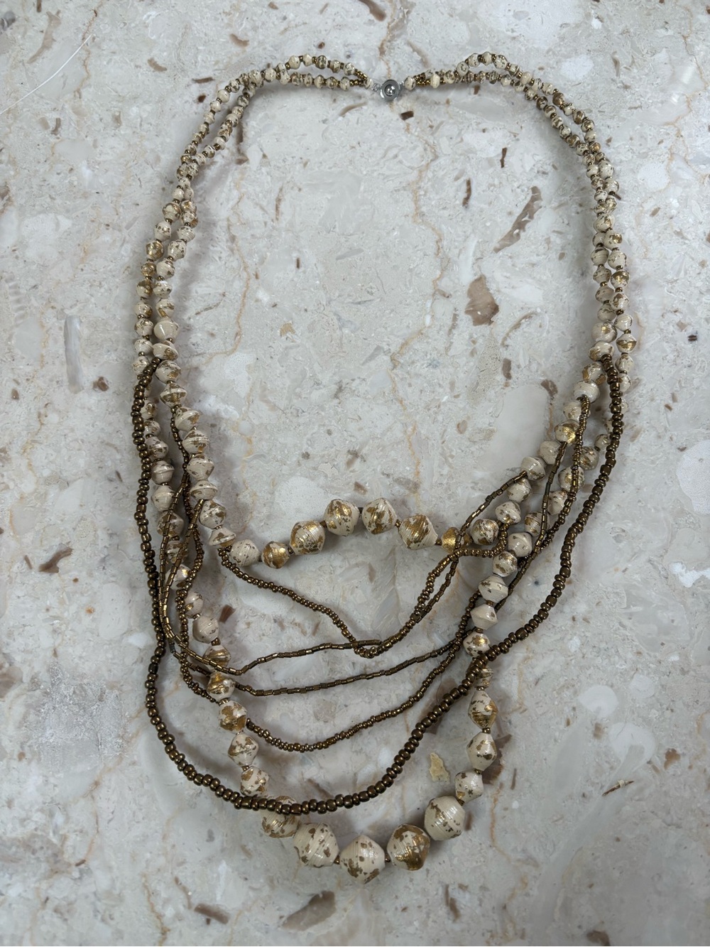 Layered Cream and Gold Beaded Statement Necklace